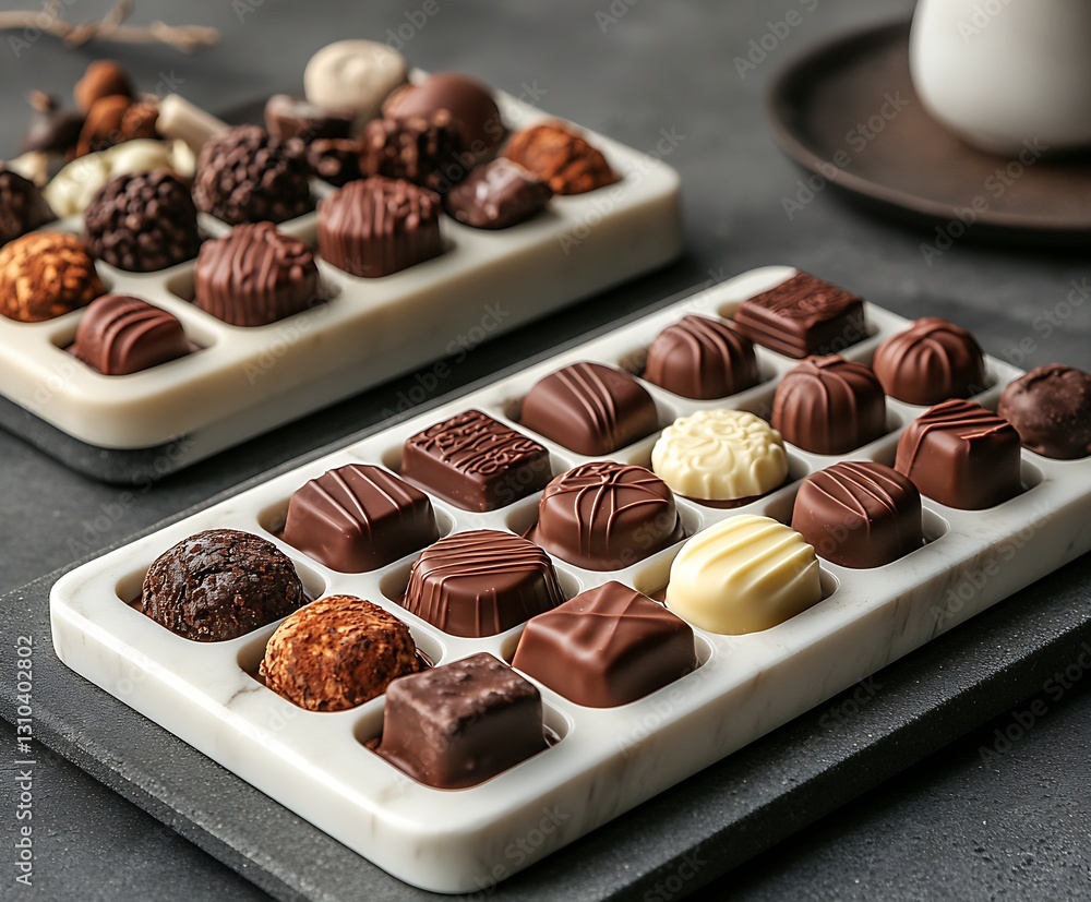 Poster stunning display of assorted chocolates arranged neatly for an exquisite dessert experience : genera