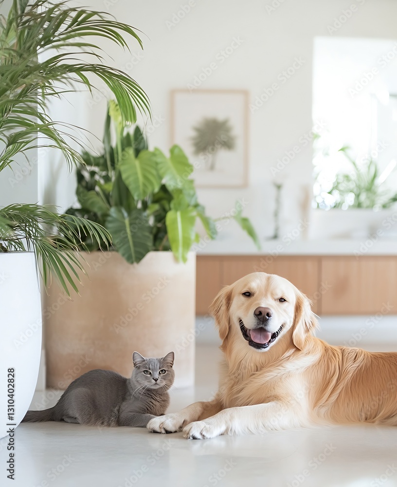 Poster a joyful golden retriever and a calm gray cat relaxing in a stylish living area with plants : genera