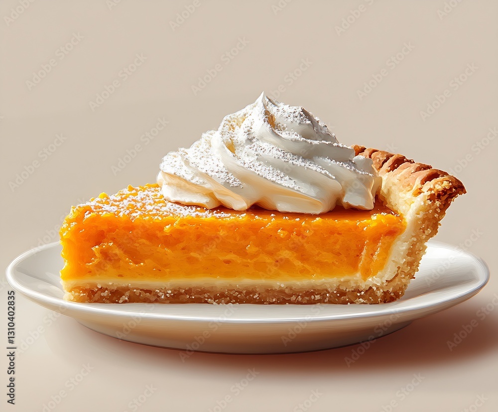Poster Creamy pumpkin pie slice topped with whipped cream and a hint of spice on a plate : Generative AI