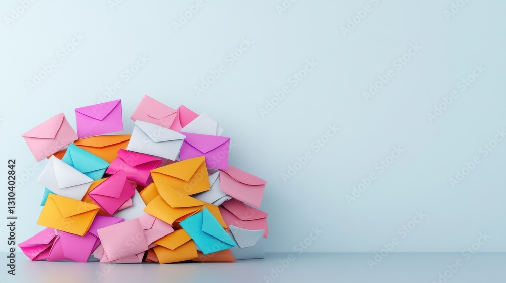 Poster Colorful Envelopes Stacked on a Table with Empty Space for Text and Design Elements in a Soft and Bright Background