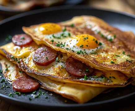 Delicious breakfast crepes topped with sunnysideup eggs and sausage served on a stylish black plate : Generative AI