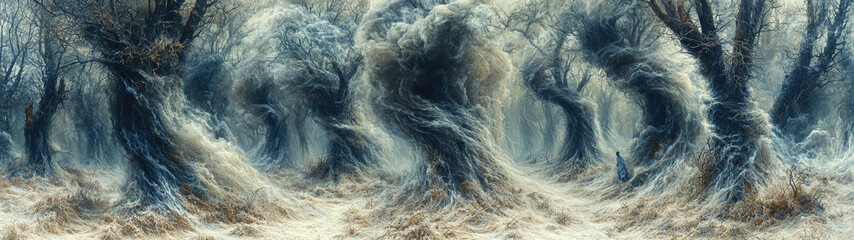 Obraz premium A surreal, otherworldly forest filled with towering, gnarled trees whose bark and branches appear to dissolve into flowing, ethereal wisps, creating a dreamlike and eerie atmosphere
