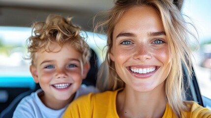 Joyful summer drive with a smiling mother and her happy son