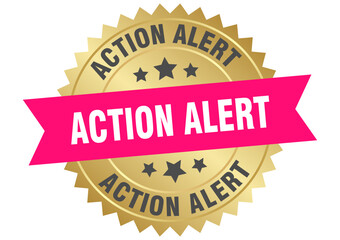 action alert. action alert round pink and gold label isolated on transparent background