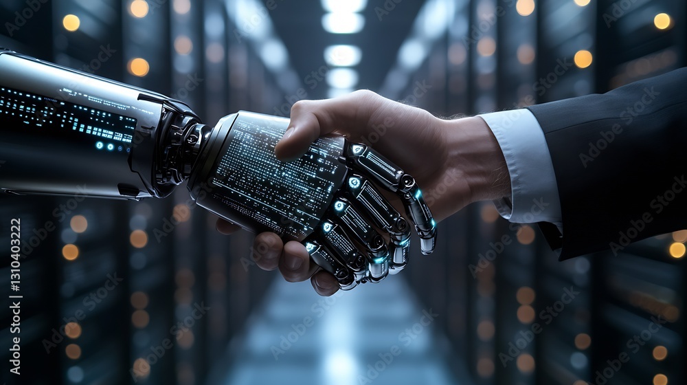 Poster Futuristic robotic hand shaking hands with a human in a data center symbolizing collaboration : Generative AI