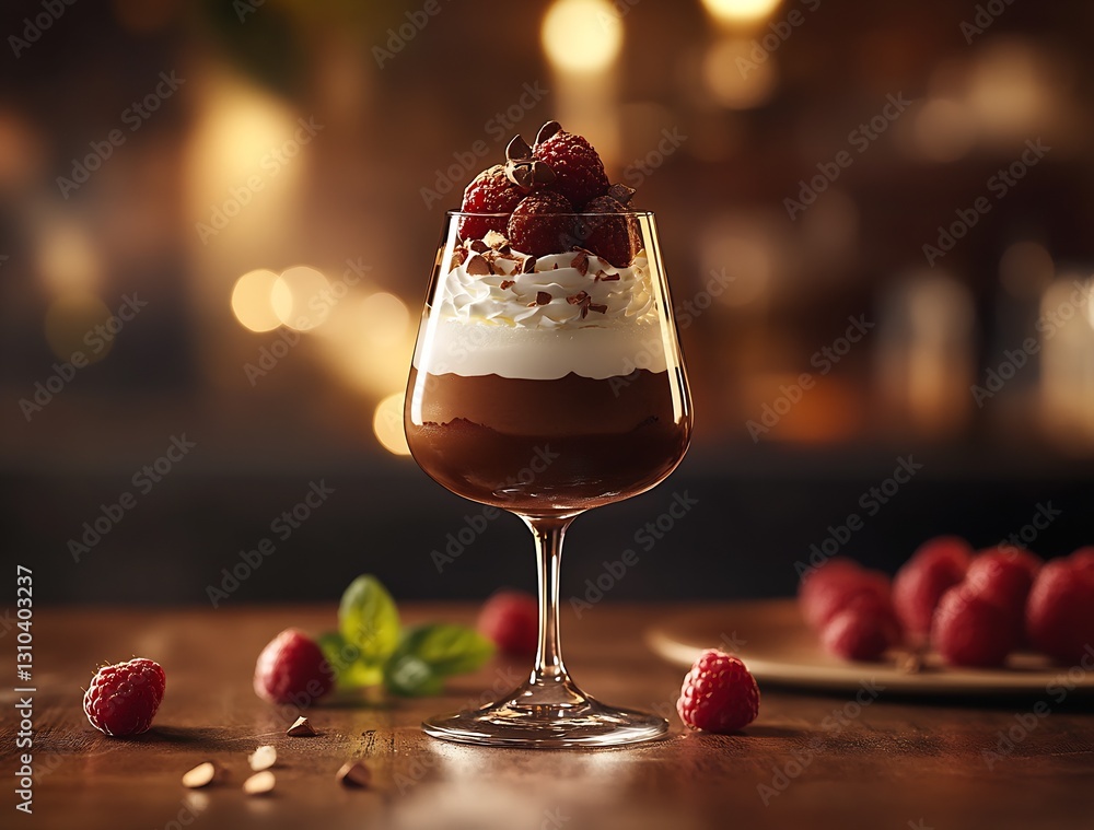 Poster delicious raspberry dessert in elegant glass with whipped cream and garnish : generative ai