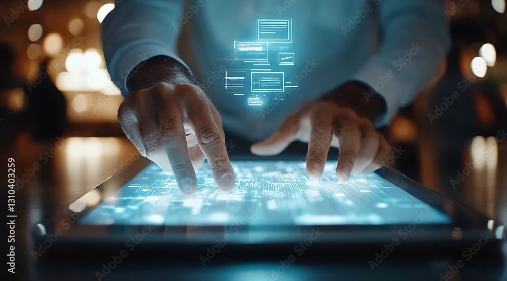 Aufkleber Professional fingers navigating holographic screen on a tablet showcasing innovative data visualization and interaction features : Generative AI