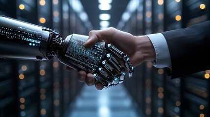 Futuristic robotic hand shaking hands with a human in a data center symbolizing collaboration : Generative AI