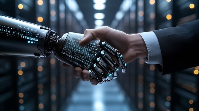 Futuristic robotic hand shaking hands with a human in a data center symbolizing collaboration : Generative AI