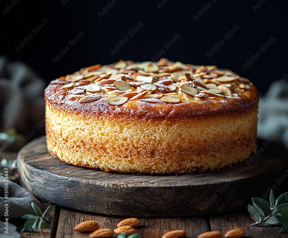 Poster elegant almond cake with golden edges displayed on a wooden board surrounded by fresh almonds and gr