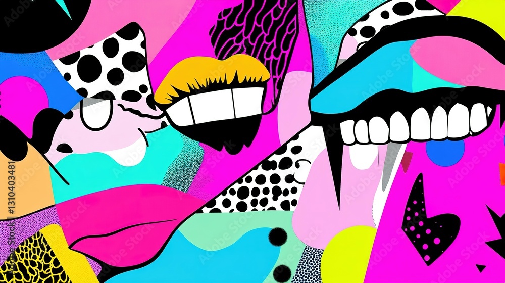 Poster a vibrant and colorful abstract composition featuring lips and patterns