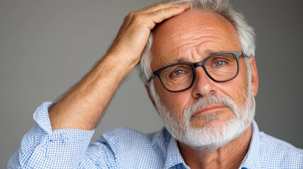Fototapeta premium Elderly man showing discomfort against a gray backdrop of aging