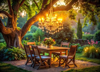 Obraz premium Double Exposure: Evening Garden Scene, French Chateau, Table & Chairs
