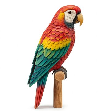 recommend clip art: colorful wood carving of tropical parrot bird perched on wooden branch