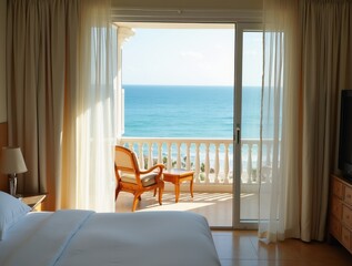 Fototapeta premium Luxurious Hotel Room Offering Stunning Ocean View from Private Balcony