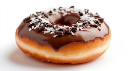Indulging in a chocolate glazed donut on a bright white background