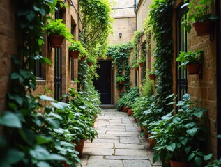 Fototapeta premium Narrow alley transformed into green oasis with hanging plants and vines