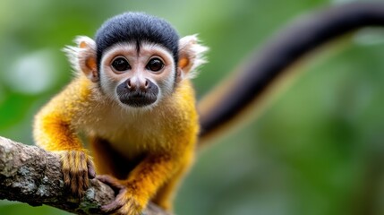 Obraz premium Guianan squirrel monkey exploring its lush habitat in the rainforest