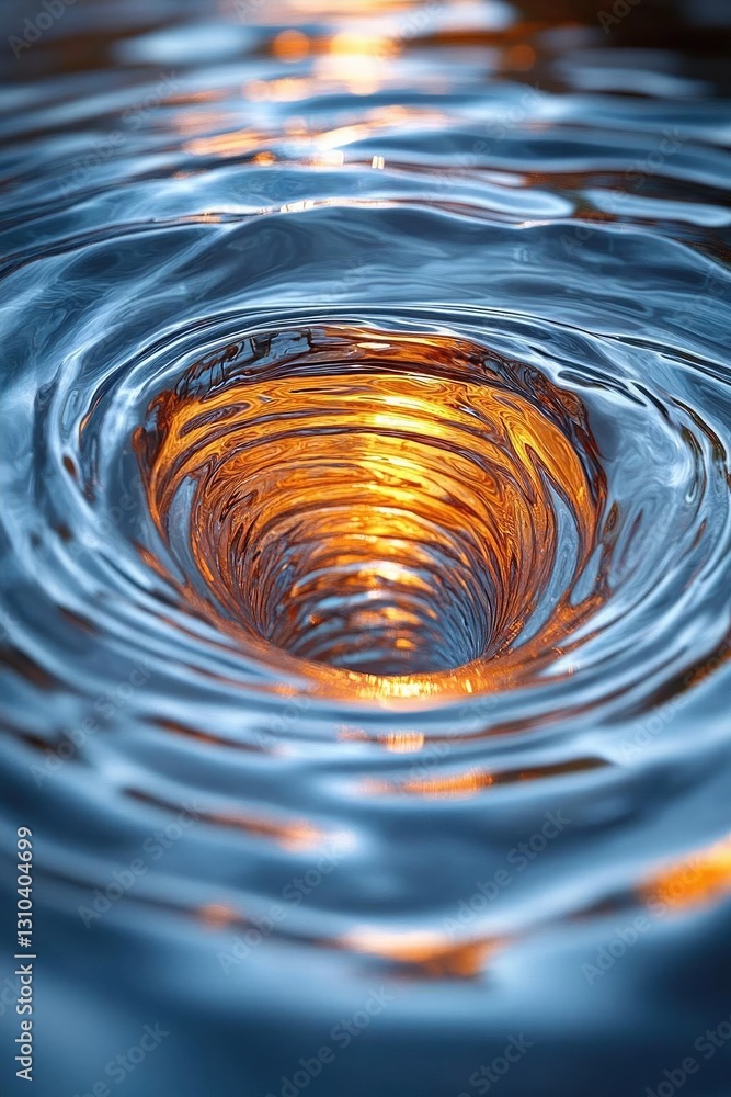 Poster swirling water vortex with shimmering orange light reflecting in ripples, creating a mesmerizing eff