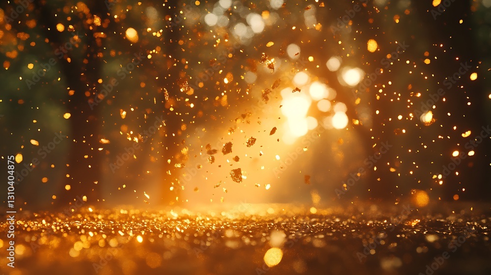 Poster a mesmerizing display of golden particles dancing in the sunlit forest creating an ethereal ambience