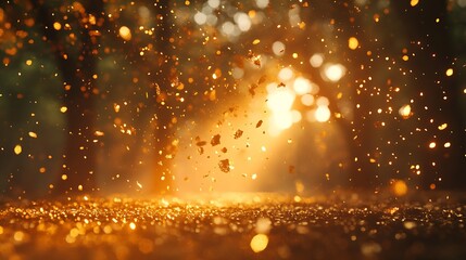 Naklejka premium A mesmerizing display of golden particles dancing in the sunlit forest creating an ethereal ambience : Generative AI