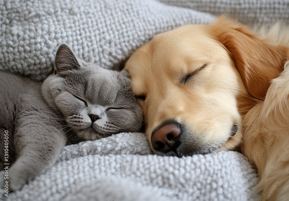 Poster golden retriever snuggling with a gray cat surrounded by a fluffy blanket indoors : generative ai