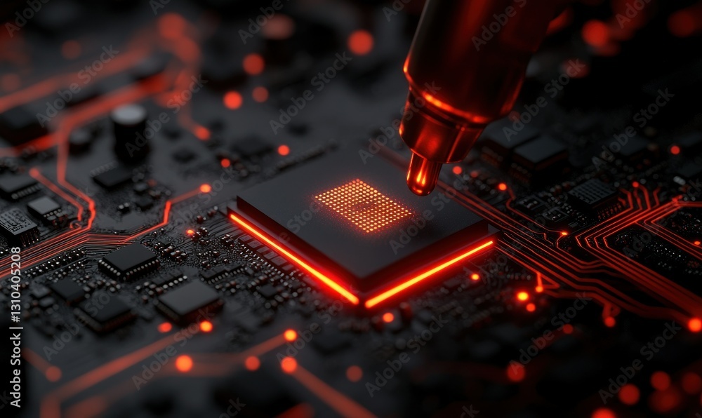 Poster close-up of circuit board with illuminated processor and high-tech components
