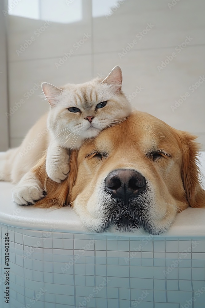 Poster heartwarming scene of a golden retriever peacefully resting with a fluffy white cat on its head : ge