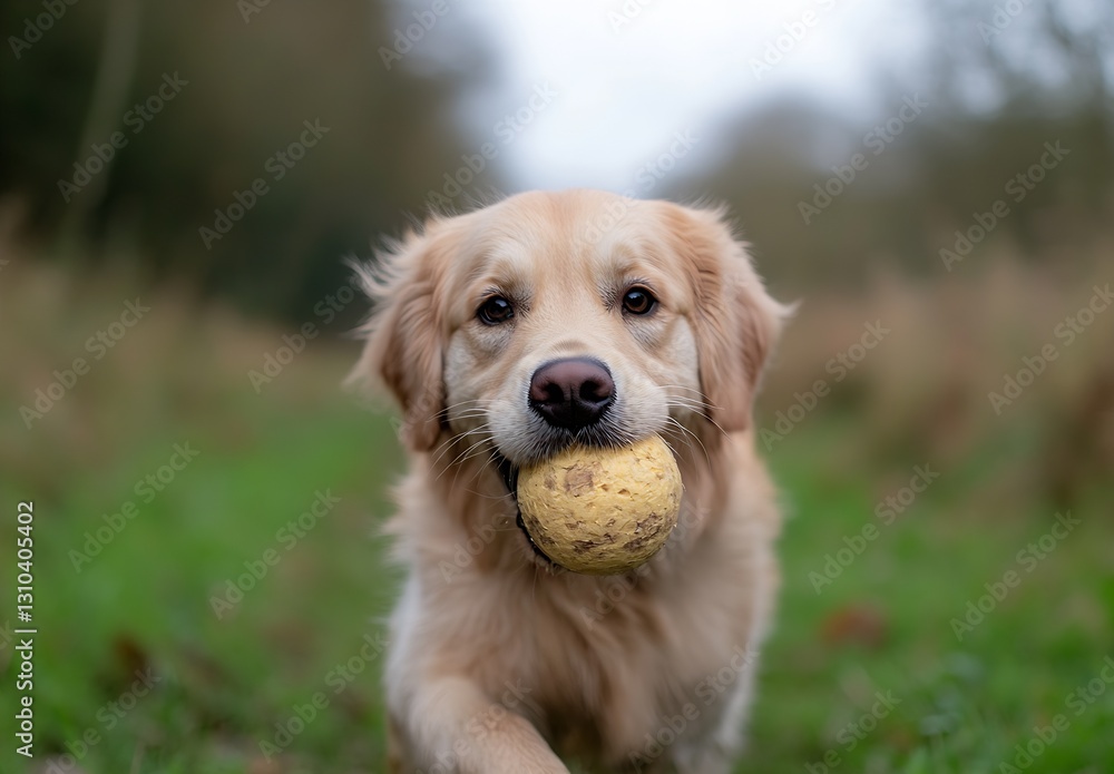 Aufkleber golden retriever happily carrying a weathered ball while exploring a lush green pathway in a serene 