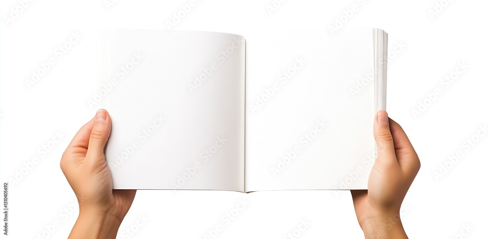 Aufkleber Hands holding an open blank notebook with white pages against a clean white background : Generative AI