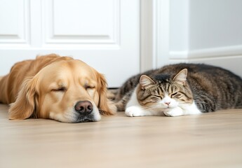 Peaceful golden retriever and tabby cat sleeping together in cozy home environment : Generative AI