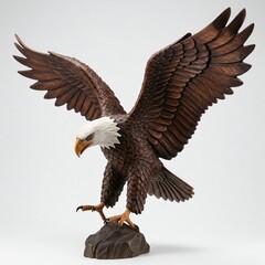 Obraz premium detailed wood carving of a bald eagle with wings spread landing on a rock