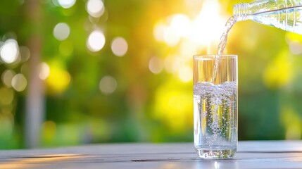Pouring refreshing water into a glass amidst a serene natural backdrop