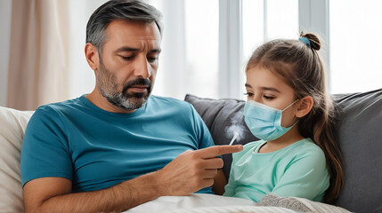 Father taking care of his daughter ill with flu at home
