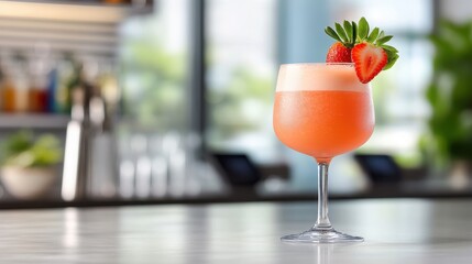 Delightful strawberry margarita awaits at a vibrant bar setting