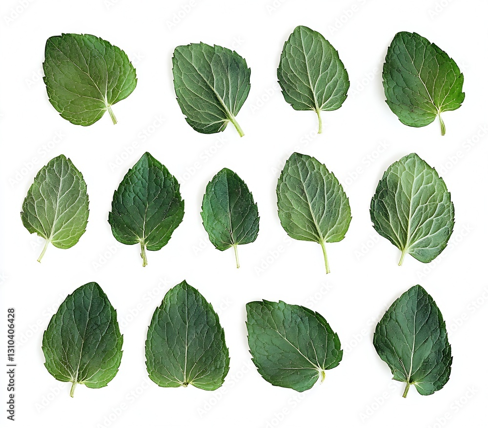 Aufkleber An array of fresh mint leaves arranged meticulously on a clean white surface highlighting their rich textures : Generative AI