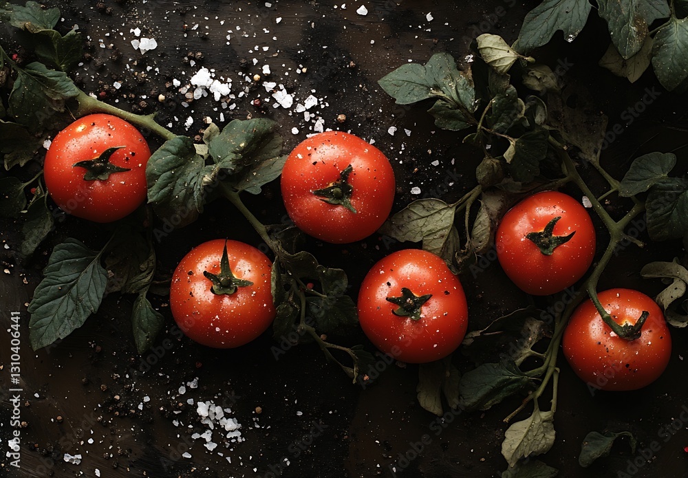 Poster fresh ripe tomatoes sprinkled with salt on a dark backdrop highlighting their vibrant red color : ge