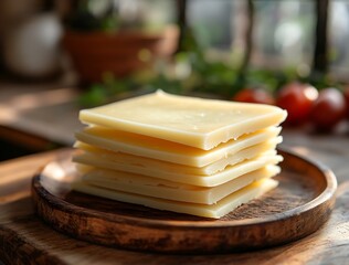 Natural cheese slices arranged neatly on a rustic wooden plate creating a delicious snack presentation : Generative AI