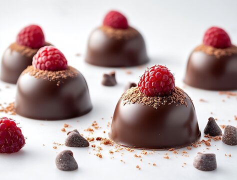 Delicious chocolate raspberry cakes decorated with fresh raspberries and chocolate shavings on a bright background : Generative AI