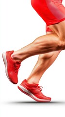 Close Up Of Runner's Legs In Red Athletic Shoes And Shorts Dynamic Motion White Background