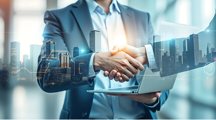 A handshake between businessmen, symbolizing partnership, trust, and collaboration. Overlaid with futuristic digital financial graphs and a city skyline, representing business growth. generative ai