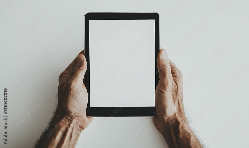 Poster Hands holding a sleek tablet displaying a blank screen perfect for digital content display : Generative AI
