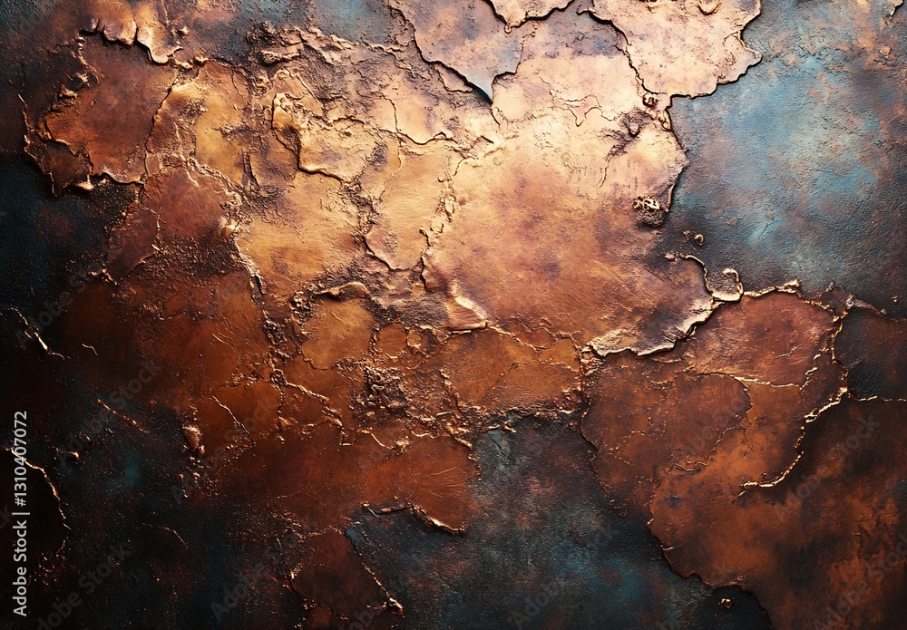 Poster Textured surface of worn copper metal exhibiting rich colors and patterns in a dramatic display of abstract art : Generative AI