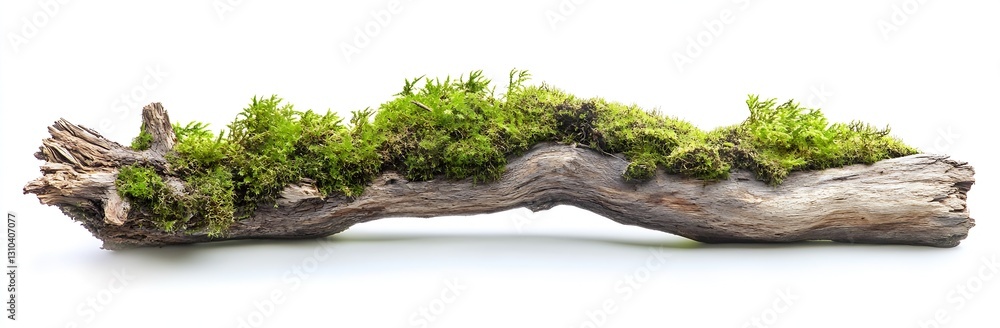 Aufkleber natural driftwood covered in vibrant green moss resting on a clean surface with soft highlights : ge