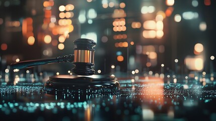 Close Up View of Judge's Gavel on Table Surrounded by Futuristic Technology : Generative AI