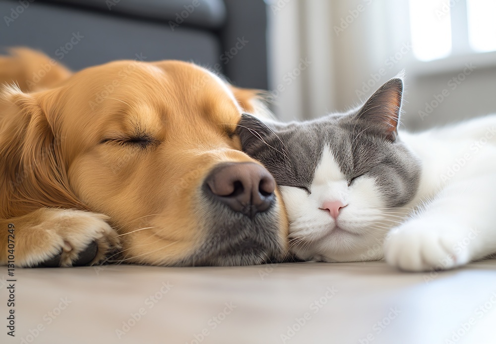 Poster Golden retriever and gray cat cuddling peacefully with eyes closed on a cozy floor : Generative AI