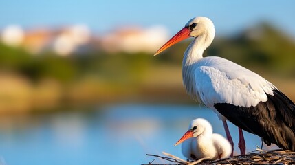 White storks nurturing their young in Algarve's serene wetlands