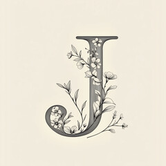 J of the alphabet monochrome. A capital letter in a sleek with floral elements within its structure