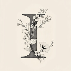 I of the alphabet monochrome. A capital letter in a sleek with floral elements within its structure