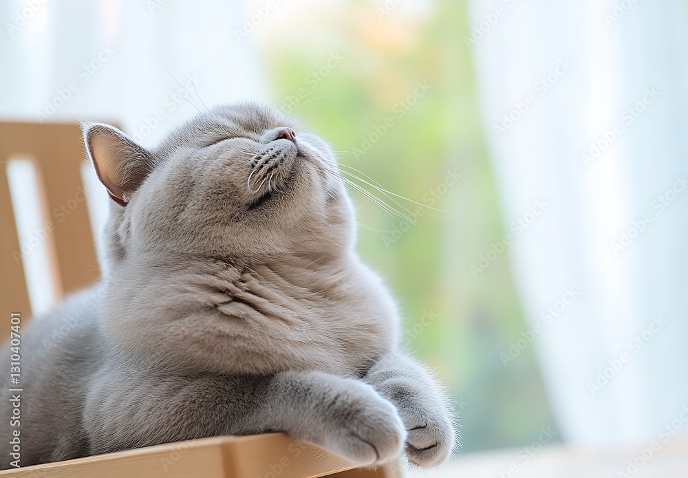 Aufkleber charming fluffy gray cat resting with eyes closed looking tranquil in a cozy space : generative ai